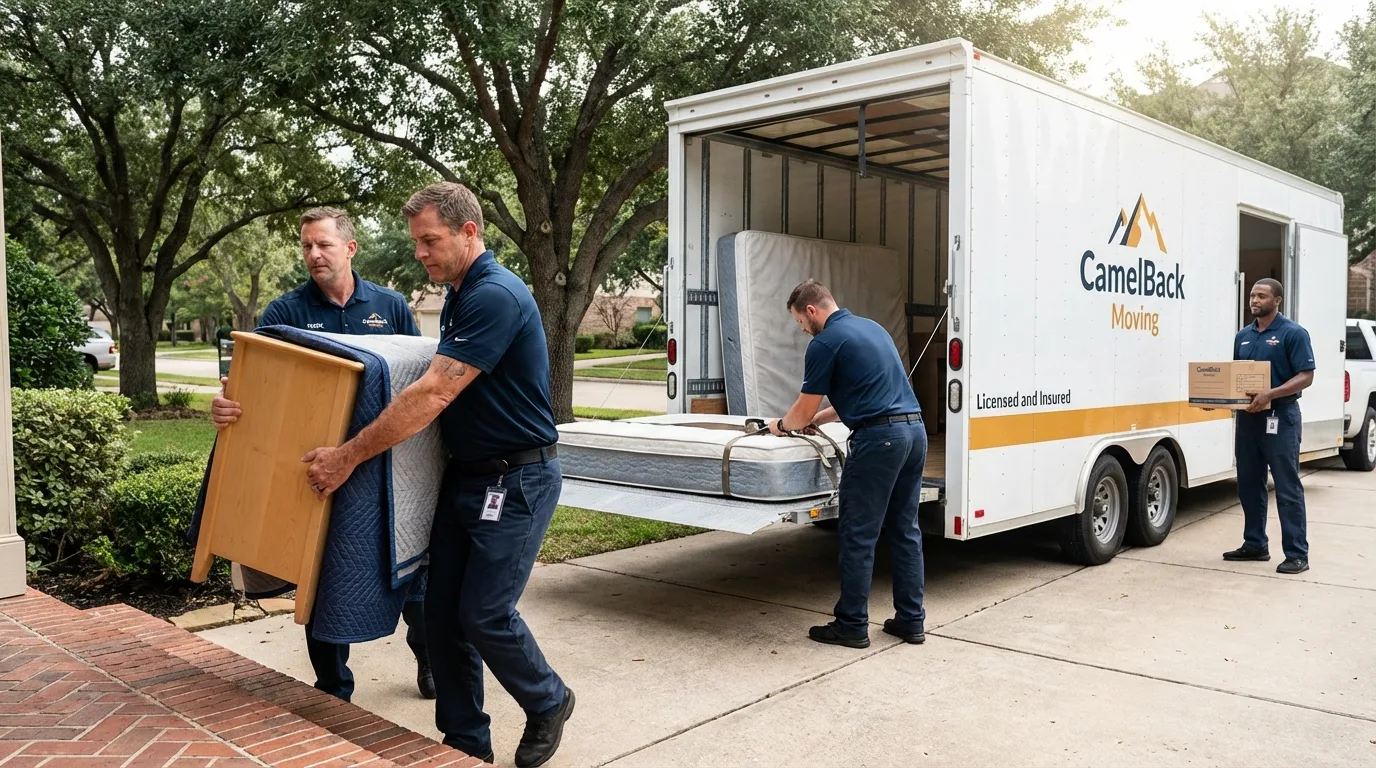 Crew loading residential truck for cross-state move from Foley, MN
