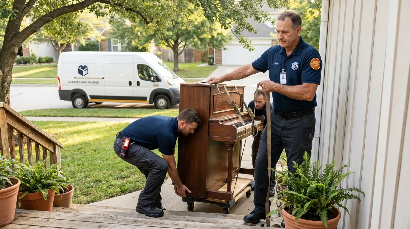 Licensed piano movers securing grand piano in Foley, MN