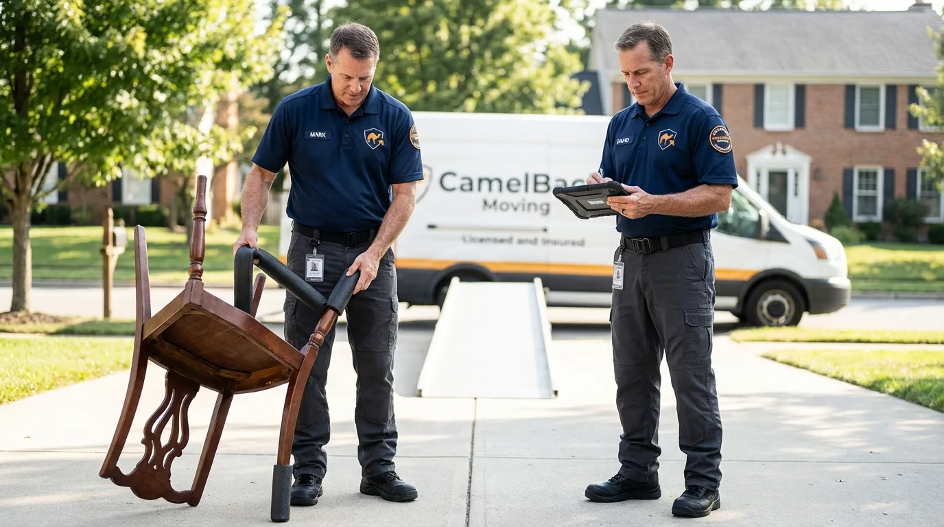 Movers inspecting furniture for damage prevention before loading in Foley, MN