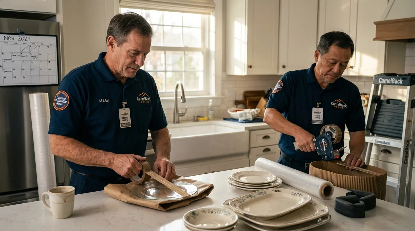 Professional crew packing kitchen dishware in Foley, MN